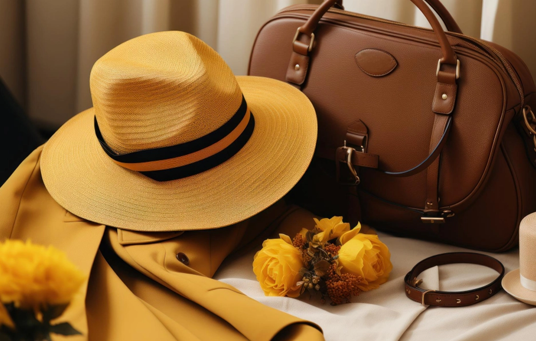 A yellow hat with a black band, a matching coat, a brown leather bag, yellow roses, and a brown belt are arranged on a surface.