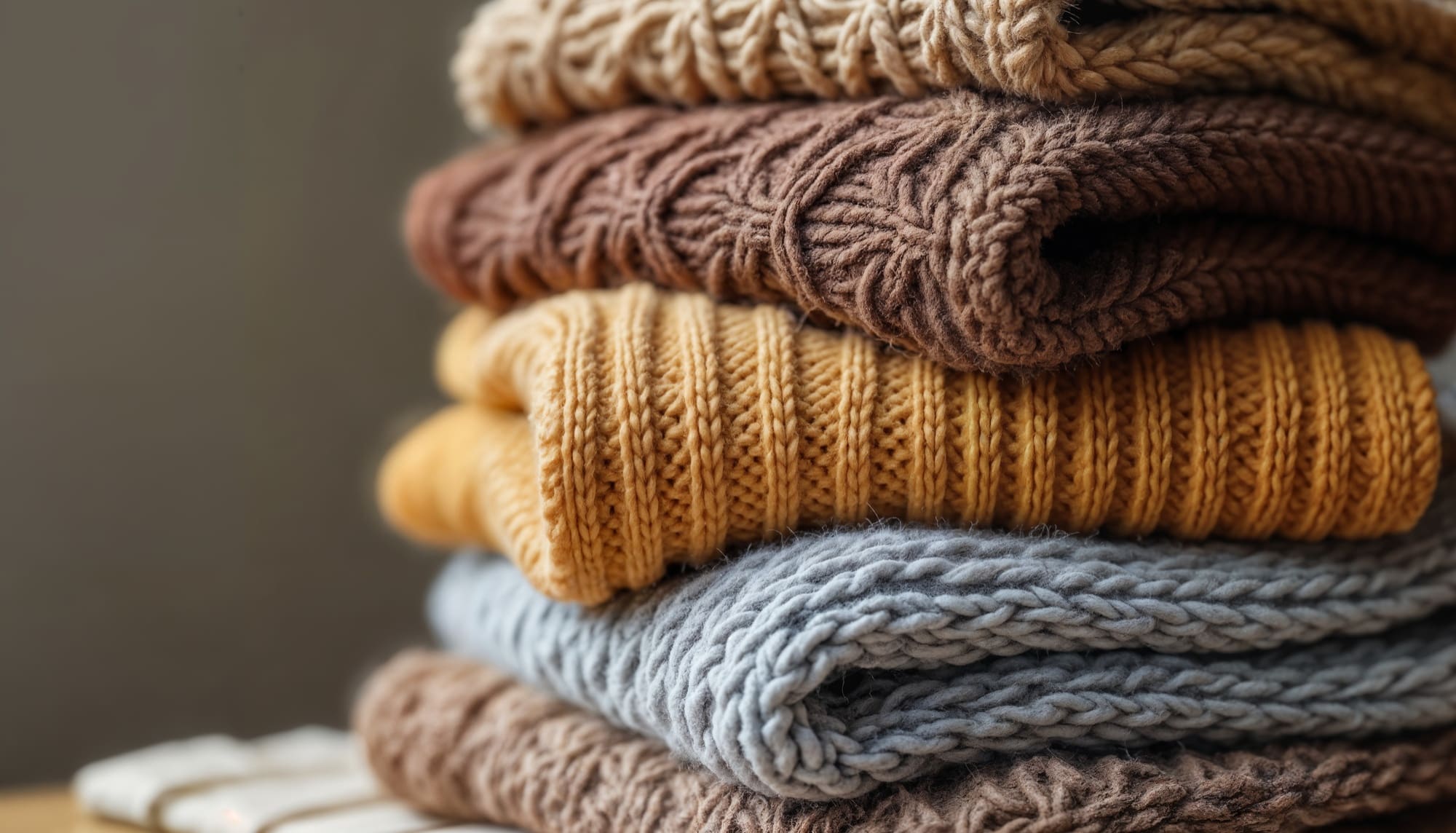 A neatly stacked pile of folded knitted sweaters in shades of beige, brown, yellow, and gray, placed on a flat surface.
