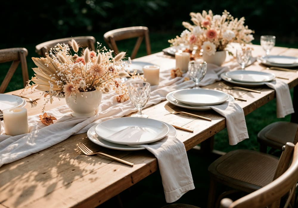 A rustic wooden table set for a meal with white plates, glassware, gold cutlery, candles, white napkins, and floral centerpieces with dried flowers.