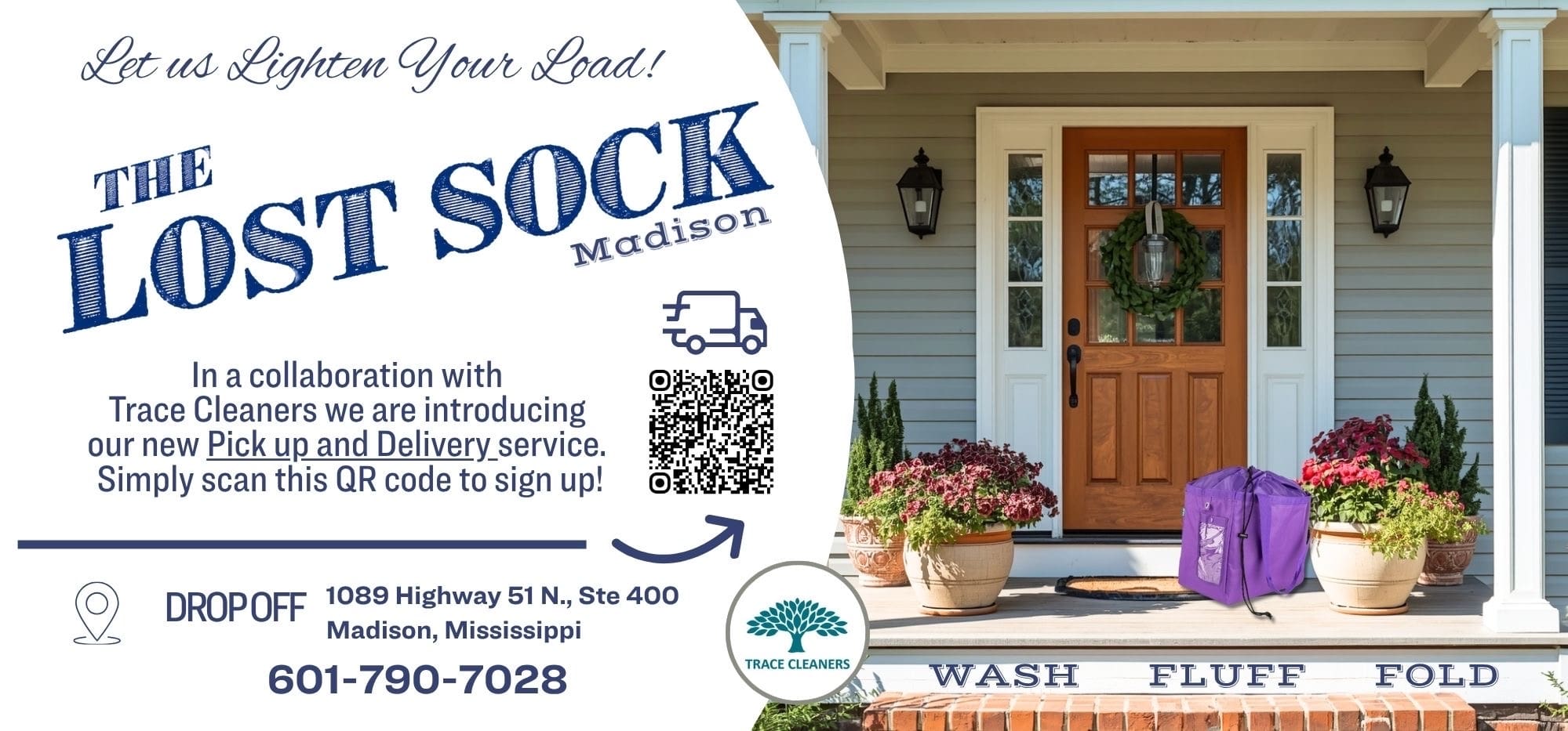 A purple laundry bag sits on a front porch, with a sign advertising The Lost Sock&rsquo;s laundry pickup and delivery service, contact info, a QR code, and Trace Cleaners&rsquo; logo.